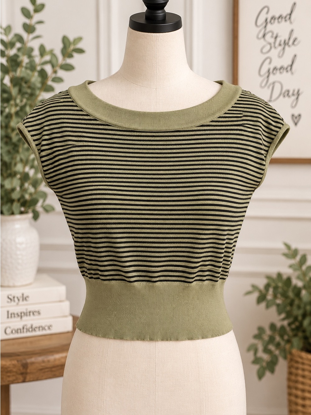 Forever 21 Olive Green and Black Striped Knit Crop Top